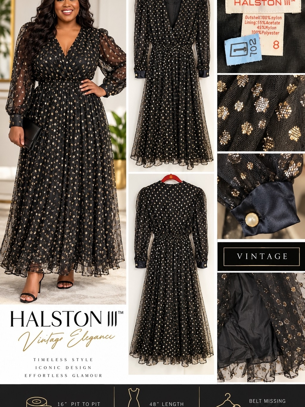 Halston III Size 8 Vintage 80s Black Gold Metallic Tulle Maxi Evening Dress
